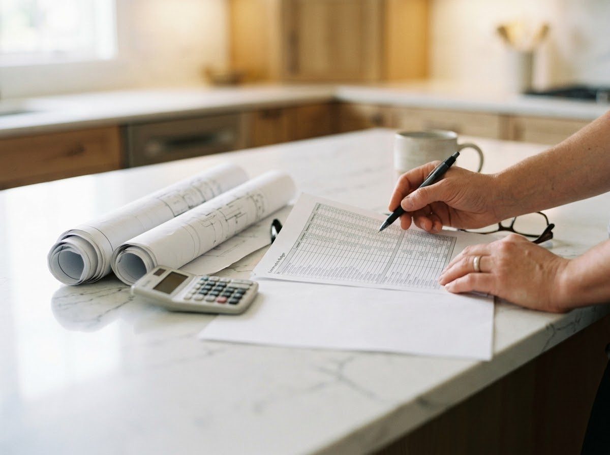 Reviewing a construction budget beside rolled house plans and a calculator