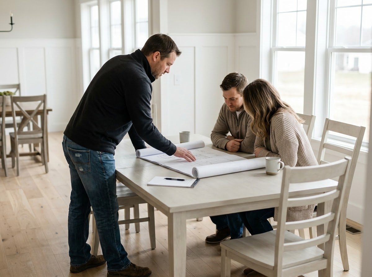 Builder reviewing house plans with a couple at a dining table