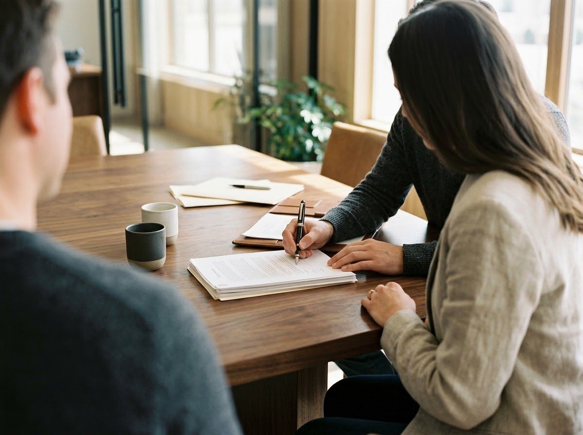 Couple signing documents at a closing table