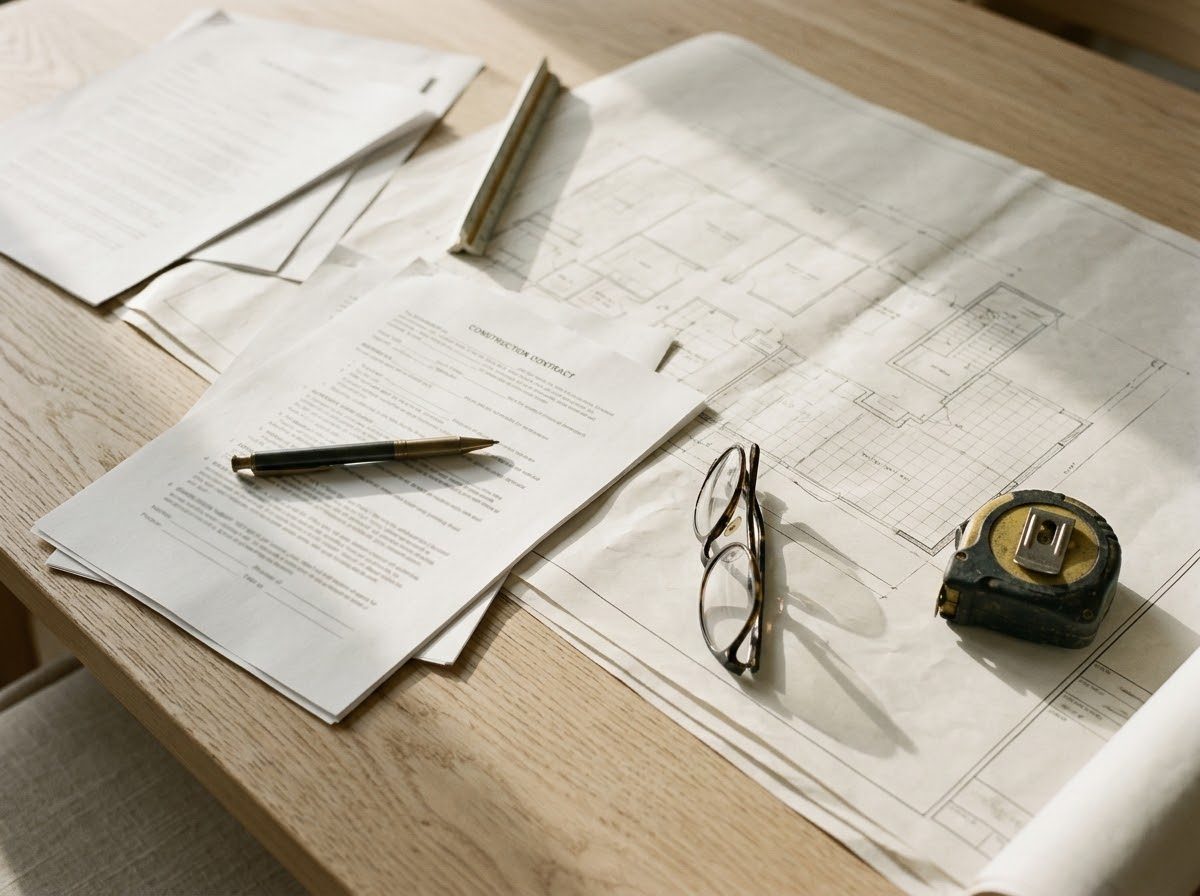 Construction contract and floor plans on a wooden table